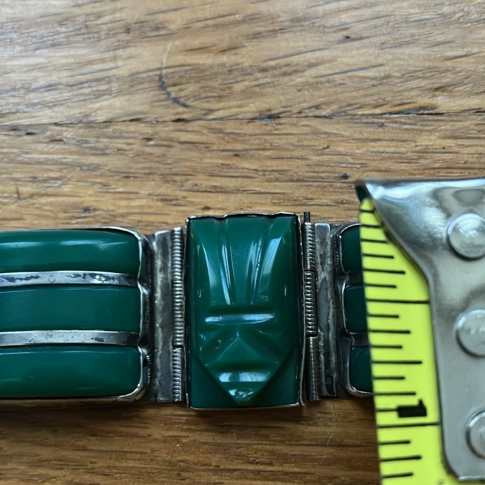 Huge Vintage Taxco Mexico Silver and Green Mask Panel Bracelet - Picture 10 of 12